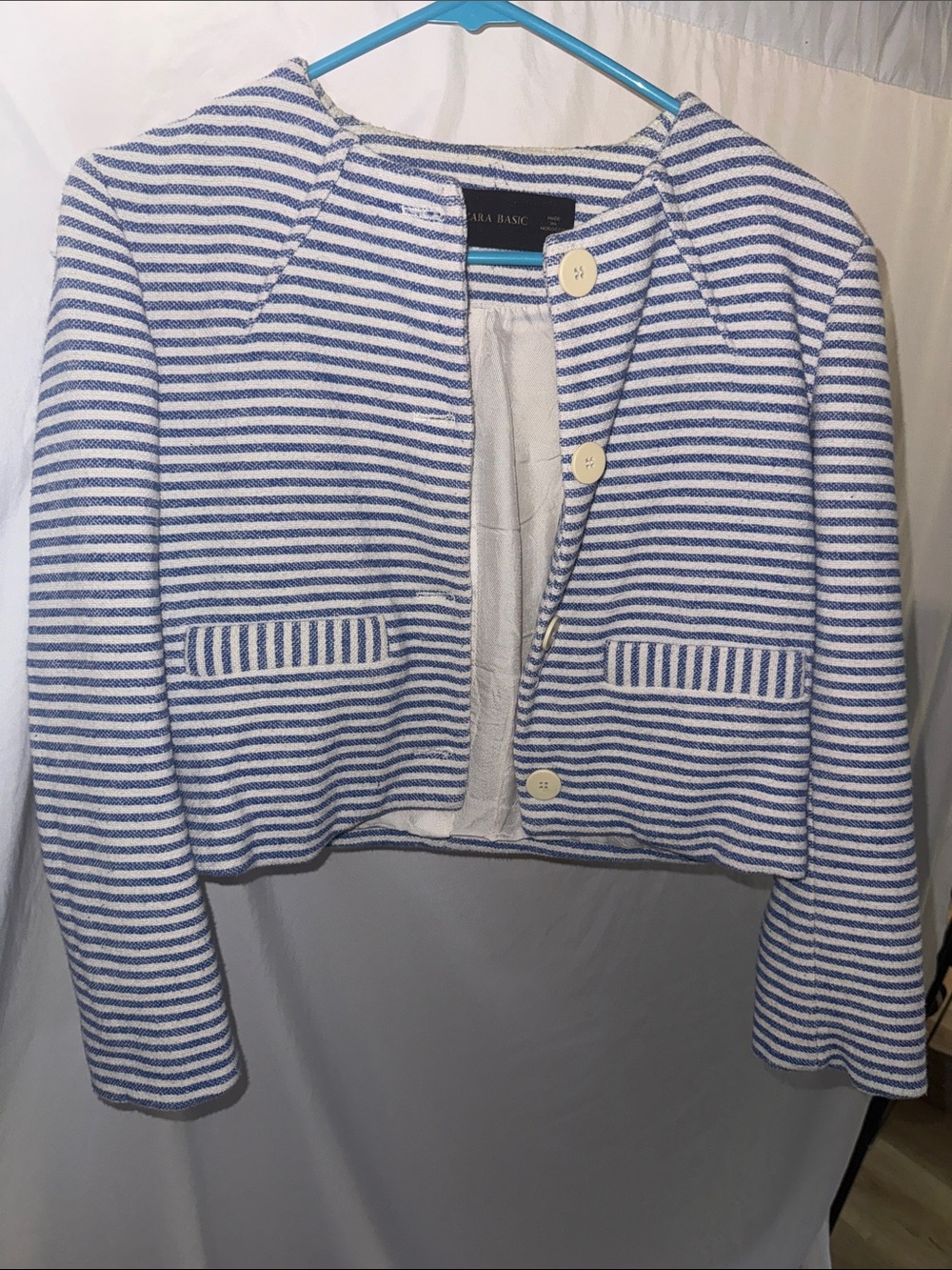 Zara White and Blue Striped Cropped Blazer